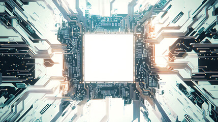 Poster - Circuit board pattern with white empty space in the center White background Digital art style with circuit lines and chips on a clean white backdrop