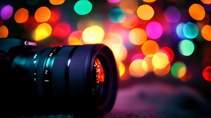 Poster - Closeup of camera lens with colorful bokeh lights in the background, symbolizing video production and media industry