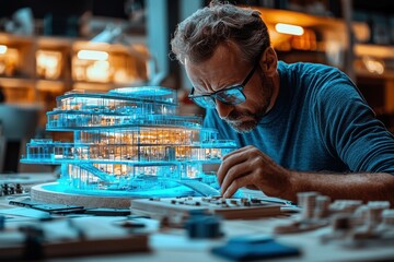 Aufkleber - Architect Examining a Glowing Blue Model of a Modern Building