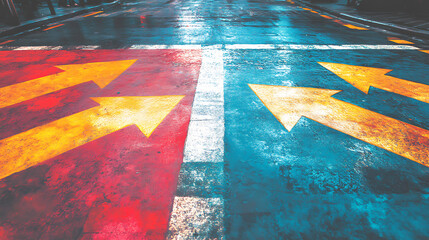 Poster - Decision making concept illustrated with arrows overlaid on a bustling city intersection crossroads, symbolizing various paths and choices in urban planning and personal decisions