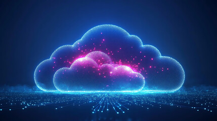 Aufkleber - Digital technology illustration of cloud computing with glowing digital clouds and data flow lines on a dark blue background, symbolizing online storage or big data