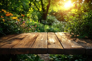 Poster - Wooden Tabletop with a Lush Green Forest Background
