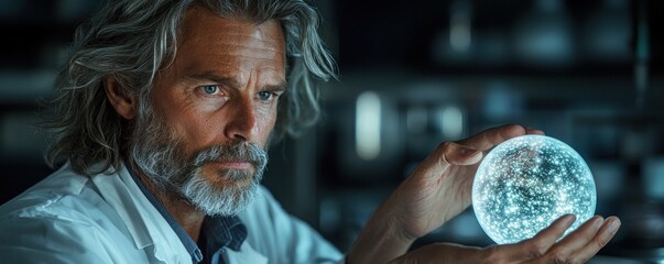 Poster - A Man with Gray Hair and Beard Holding a Glowing Sphere