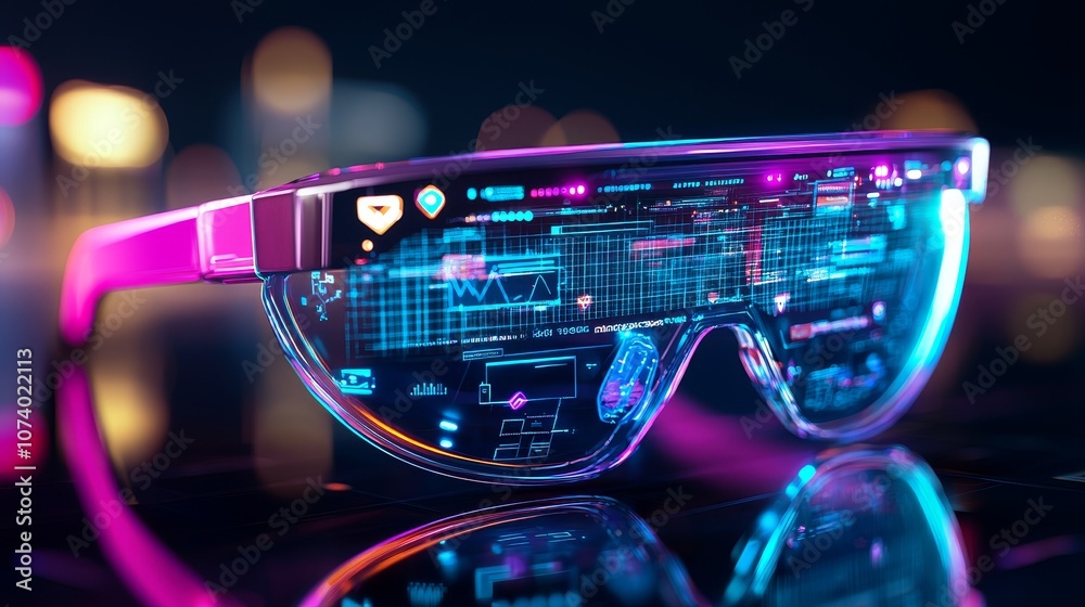 Sleek, futuristic smart glasses projecting 3D holographic data in neon ...