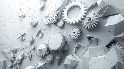 Fototapete - Gears and polygonal mesh background with digital technology elements or business, science or tech concept presentation with a gray color scheme
