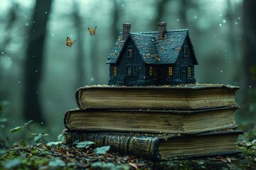 Poster - A Miniature House Rests Upon Old Books in a Mystical Forest