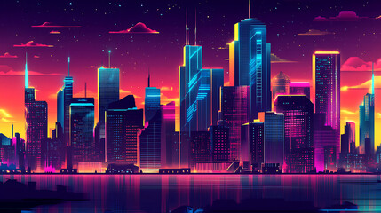 Aufkleber - A cyberpunk cityscape at night, with neon lights glowing in the sky and skyscrapers reaching into the darkness