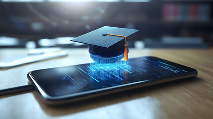 Poster - mobile phone displaying e-learning on the screen, symbolizing online education and graduation, perfe