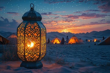 Poster - Ornate Lantern in Desert Campsite at Sunset