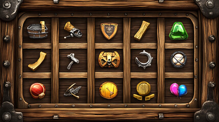 Poster - A pirate game interface with a timber frame and buttons for gaming apps or casino slot games, featuring wooden UI adventure elements in an old-pirate-collection style
