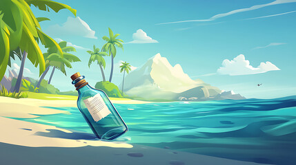 Poster - A vector illustration of a tropical sea landscape with a glass bottle floating towards an uninhabited island, containing a paper message or pirate treasure map inside, 3D illustration