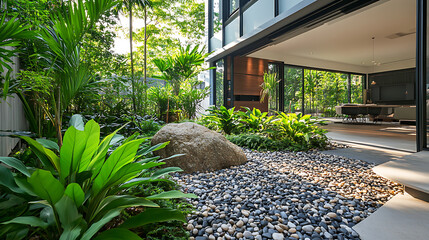 Poster - Modern home garden with pebbles, large rocks and lush greenery in front of the house, interior view of a modern glass building Green plants around a concrete floor, a modern courtyard