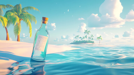 Poster - A vector illustration of a tropical sea landscape with a glass bottle floating towards an uninhabited island, containing a paper message or pirate treasure map inside, 3D illustration