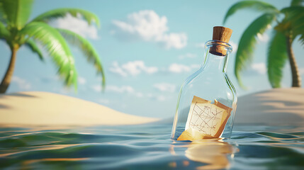 Poster - A vector illustration of a tropical sea landscape with a glass bottle floating towards an uninhabited island, containing a paper message or pirate treasure map inside, 3D illustration