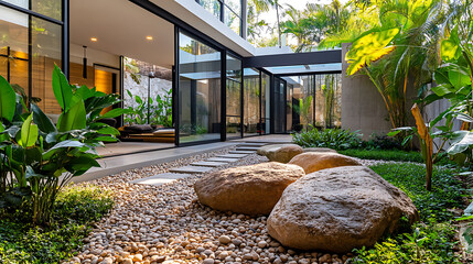 Poster - Modern home garden with pebbles, large rocks and lush greenery in front of the house, interior view of a modern glass building Green plants around a concrete floor, a modern courtyard