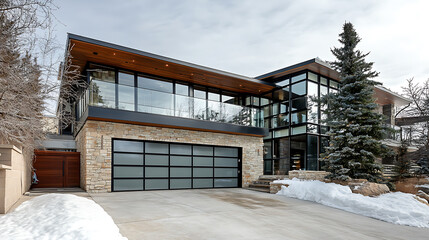 Poster - Modern style garage door with glass and steel frame, large windows for natural light, stone accents on the exterior walls of an urban home