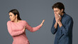 © Prostock-studio - Social Distancing. Young woman disgusted by her sick boyfriend with runny nose, afraid of coronavirus spread, light studio background with free space