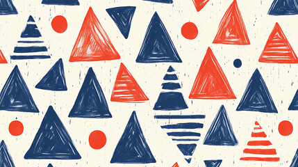Poster - Blue and white pattern with red triangles, stripes and dots in a geometric style