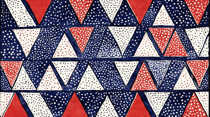 Poster - Blue and white pattern with red triangles, stripes and dots in a geometric style