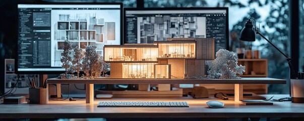 Poster - Architectural Model of a Modern House with Illuminated Interior on a Desk