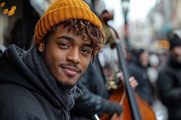 Poster - A Close-Up Portrait of a Young Man Wearing a Yellow Knit Beanie