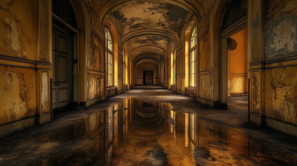 Poster - Dimly lit abandoned corridor with puddles of water on the floor