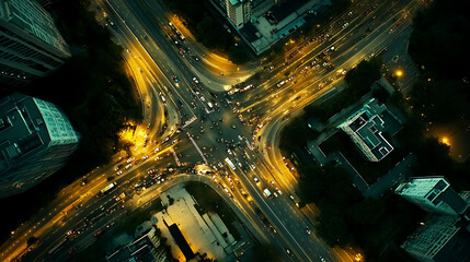 Poster - aerial night view of busy highway intersection in modern city expressway top view