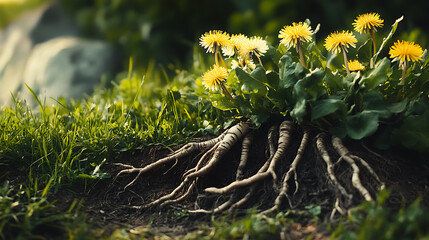 Poster - Fresh dandelion roots with leaves and flowers outdoors