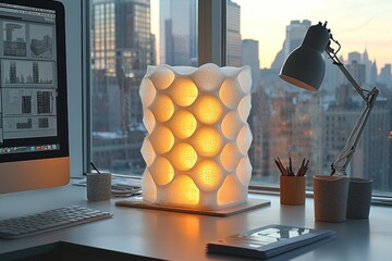 Poster - Illuminated White Geometric Lamp on a Desk with a City View