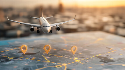 Poster - Airplane flying over world map with luggage and location pins travel concept