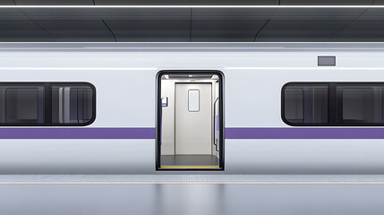 Poster - High-speed train door opens, white and purple exterior, simple background with empty platform