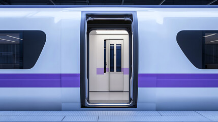 Poster - High-speed train door opens, white and purple exterior, simple background with empty platform