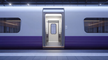 Poster - High-speed train door opens, white and purple exterior, simple background with empty platform