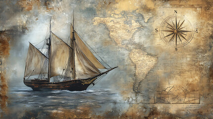 Aufkleber - Historical background featuring an old sailboat, a compass, and an ancient map, symbolizing sea voyages, discoveries, pirates, sailors, geography, and history
