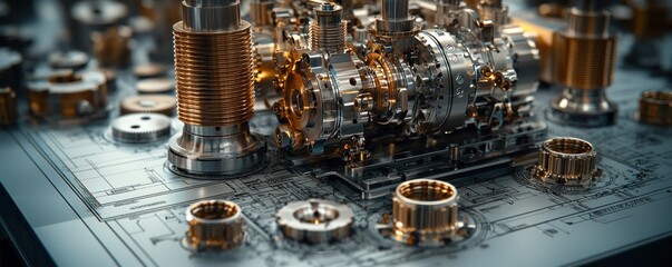 Aufkleber - Complex Metal Gear Mechanism on a Blueprint Background
