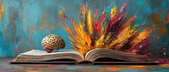 Aufkleber - An Open Book with a Human Brain on Top, Surrounded by Abstract Colors