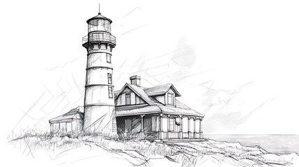 Poster - Lighthouse in style pen architecture building beacon