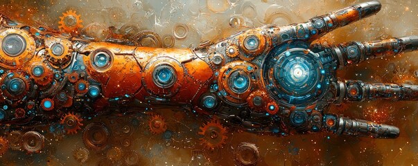 Poster - Mechanical Hand with Glowing Blue and Orange Details