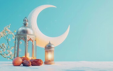 Fototapete - 3D rendering Ramadan Kareem background with crescent moon, Arabic lantern, and dates fruit on a light blue color background for banner or poster design template