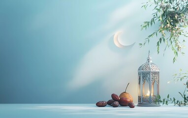 Fototapete - 3D rendering Ramadan Kareem background with crescent moon, Arabic lantern, and dates fruit on a light blue color background for banner or poster design template