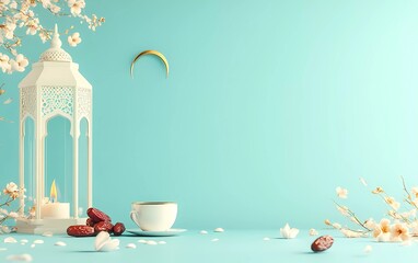 Fototapete - 3D rendering Ramadan Kareem background with crescent moon, Arabic lantern, and dates fruit on a light blue color background for banner or poster design template