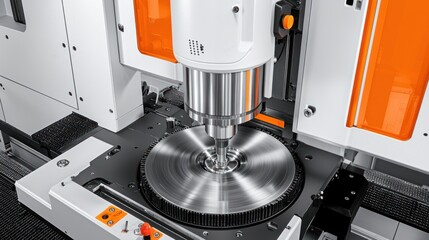 Poster - Close-up of a Rotating Metal Disk Being Worked on by a Manufacturing Machine