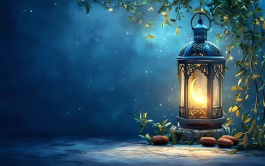 Fototapete - Eid Mubarak and Ramadan Kareem greetings with an Islamic lantern, dates, and a crescent moon on a blue background. Illustration vector for a banner template,