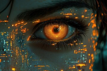 Aufkleber - A Close-Up View of a Human Eye with a Digital Interface Overlay