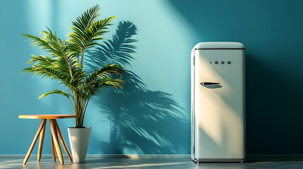 Poster - Retro fridge and table with a houseplant situated near a blue wall