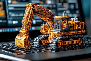 Poster - Toy Excavator on a Laptop Keyboard