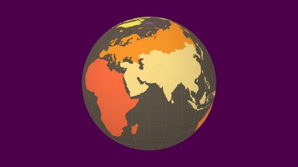 Poster - Spinning planet. Slanted sphere view. Moderate speed earth rotation. Colored continents style. World map with sparse graticule lines on vivid background. Trending animation.