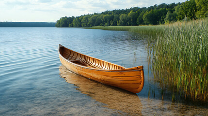 Poster - relaxing view of a canoe in the water of a beautiful lake, shoreline at sunset, no one, wooden boat 