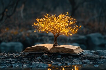 Poster - A Tree of Light Growing from an Open Book in a Forest