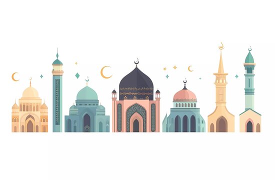 Simple flat vector illustration of Ramadan Kareem mosque with pastel colors on a white background, in a minimalist style. 